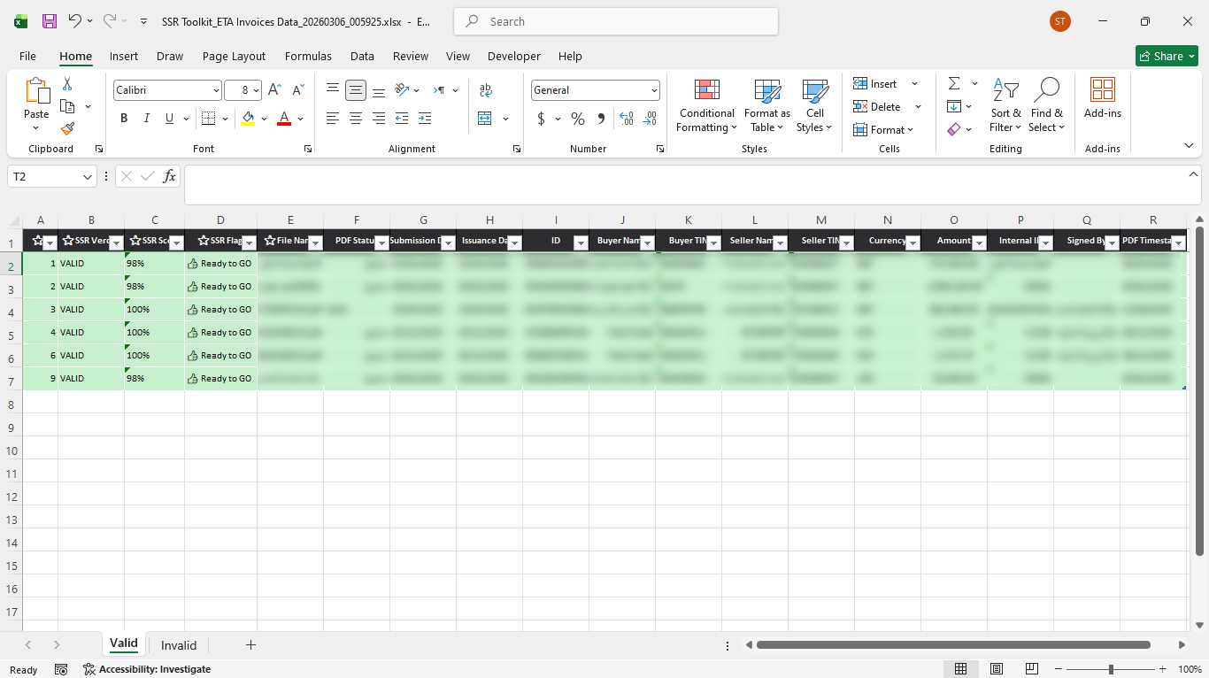 Excel output - Valid sheet