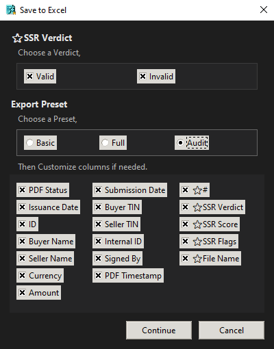 Save to Excel dialog screenshot